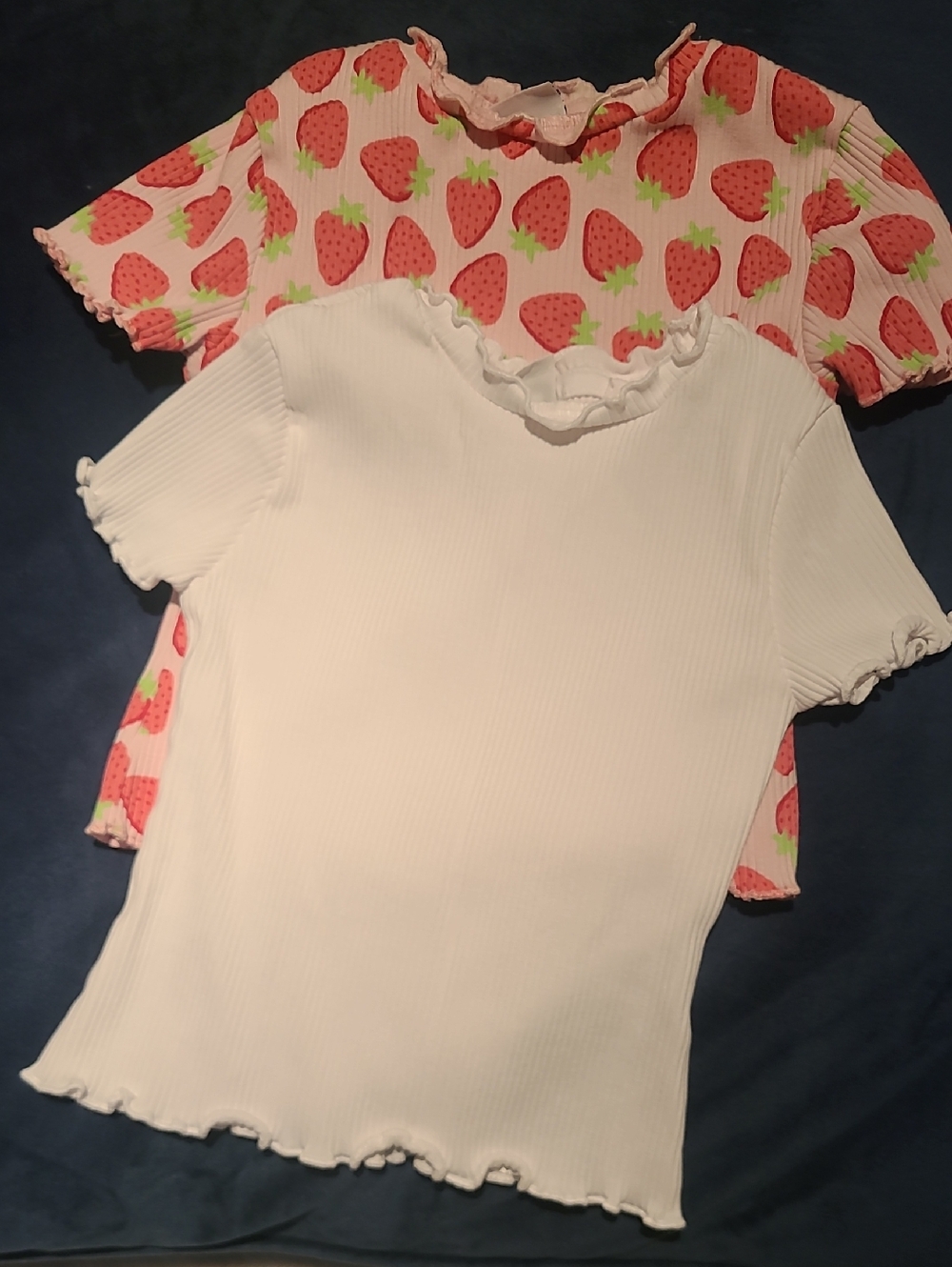 Girls White Ruffle Neck Tee and Pink Strawberry Print Top - Set